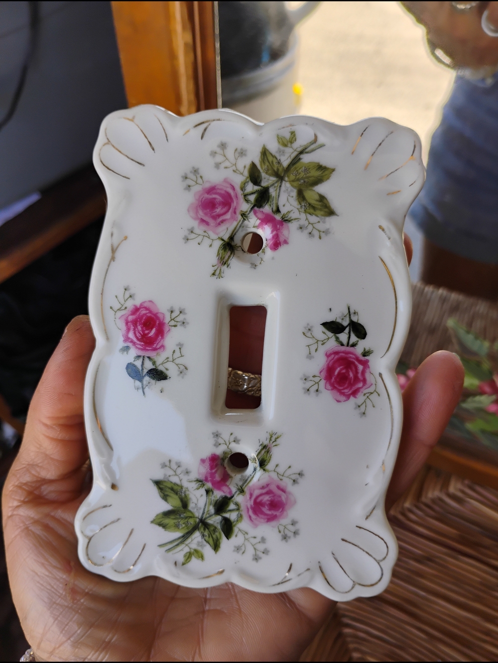 Vintage Goebel Porcelain Floral Switch Plate in White with Pink Roses